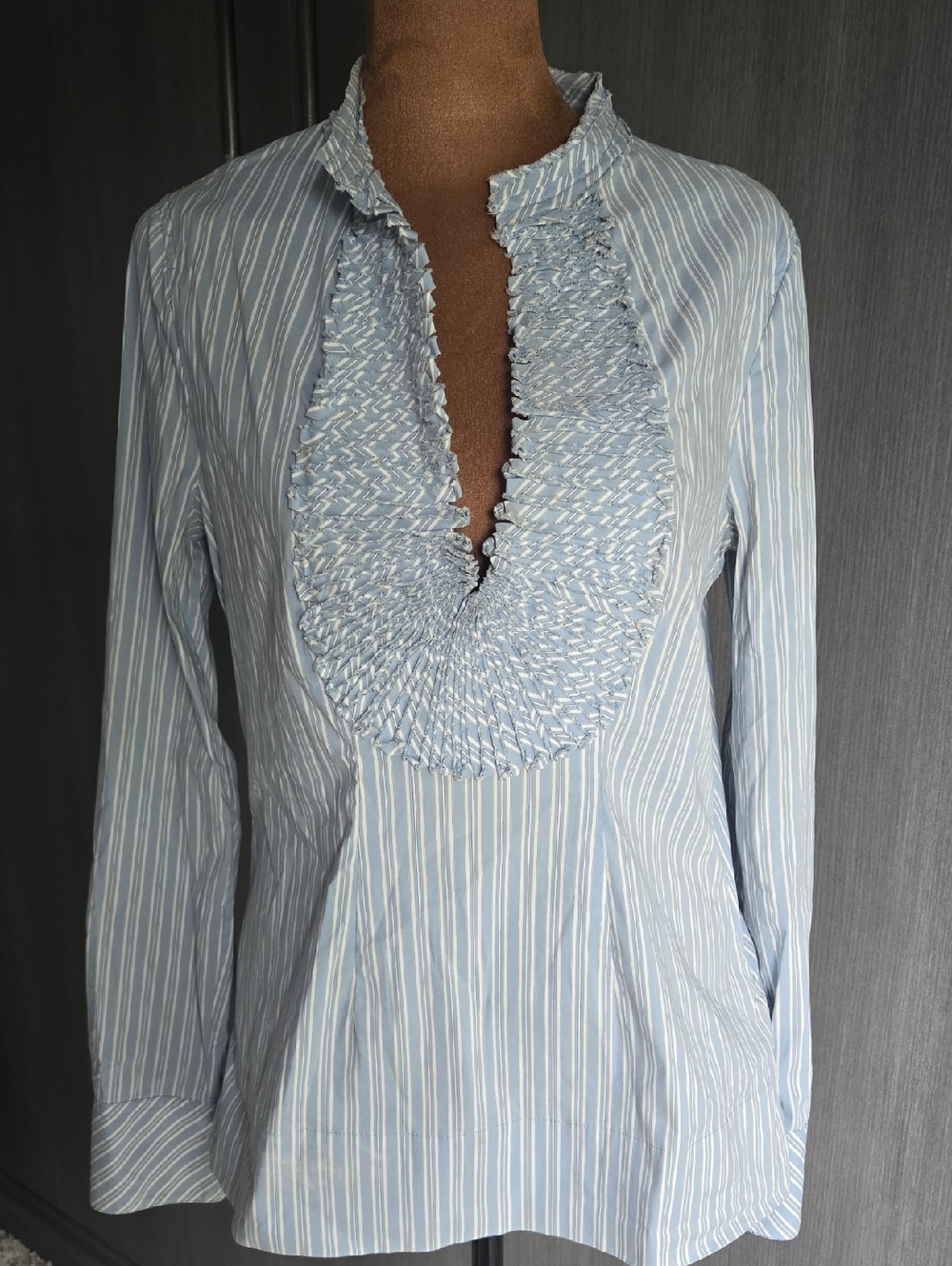 BCBGMaxAzria Light Blue & White Striped Ruffle Front Blouse